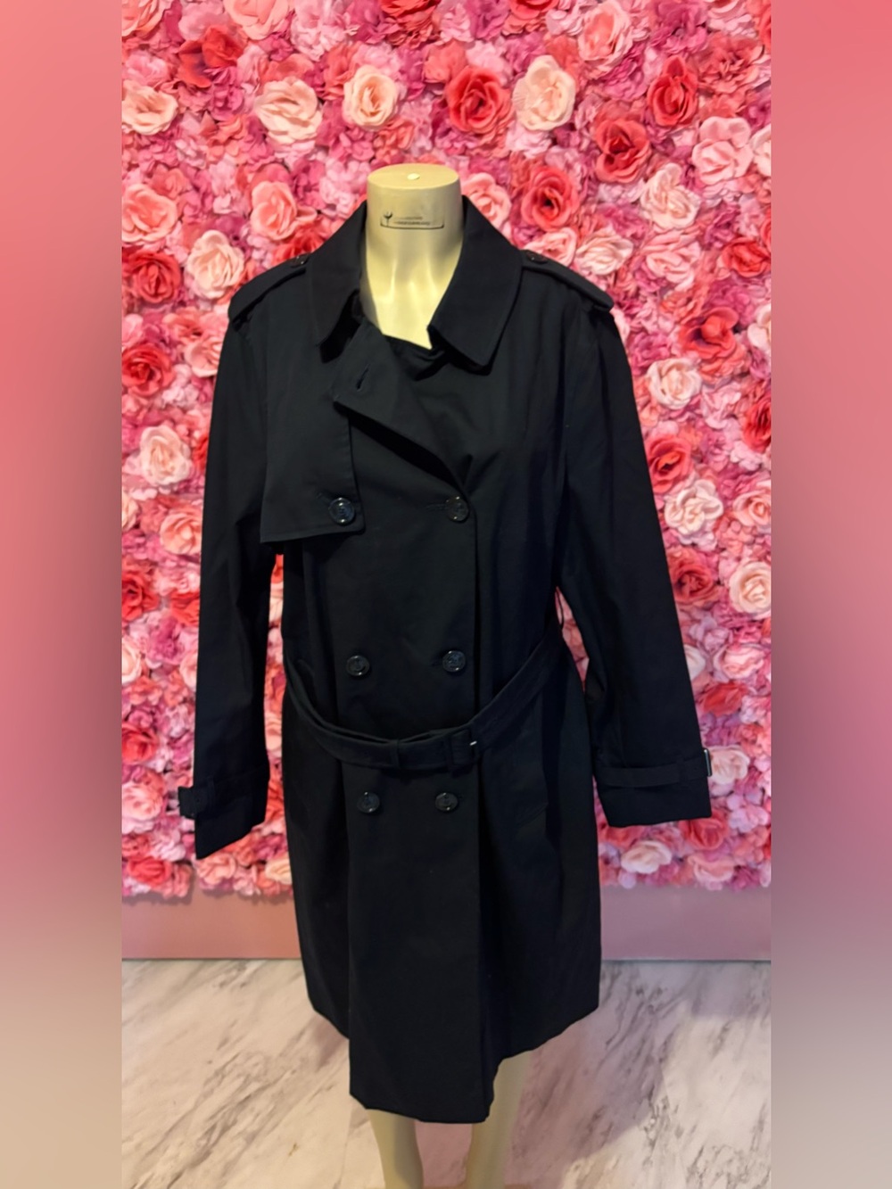 Mango Navy Blue Double-Breasted Knee-length Trench Coat with Belt